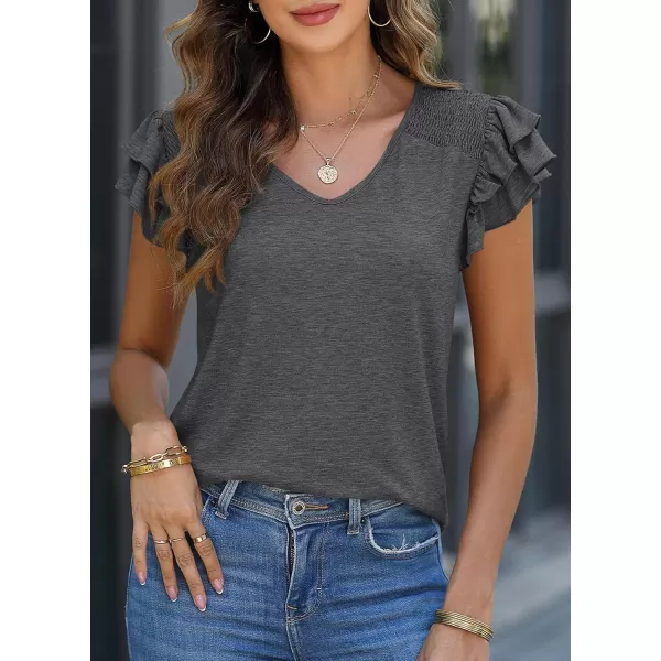 imagePRETTYGARDEN Womens 2024 Summer Basic Tops Casual Ruffle Short Sleeve V Neck T Shirts BlousesDark Grey