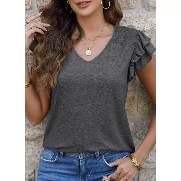 imagePRETTYGARDEN Womens 2024 Summer Basic Tops Casual Ruffle Short Sleeve V Neck T Shirts BlousesDark Grey