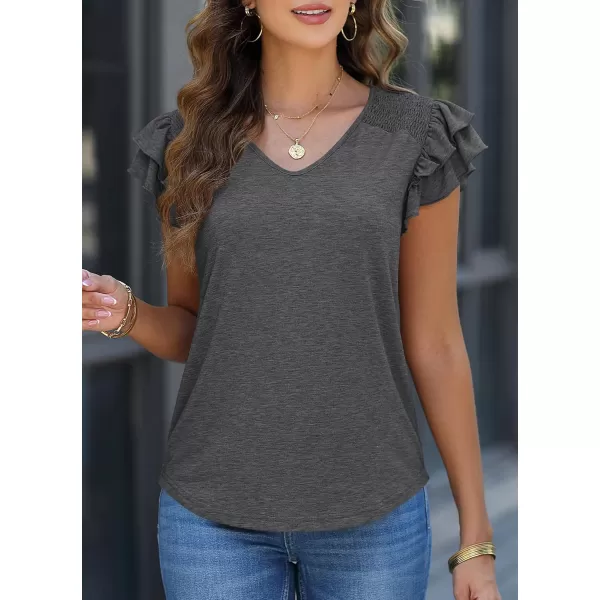 imagePRETTYGARDEN Womens 2024 Summer Basic Tops Casual Ruffle Short Sleeve V Neck T Shirts BlousesDark Grey
