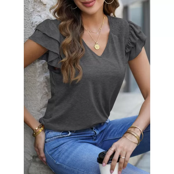 imagePRETTYGARDEN Womens 2024 Summer Basic Tops Casual Ruffle Short Sleeve V Neck T Shirts BlousesDark Grey