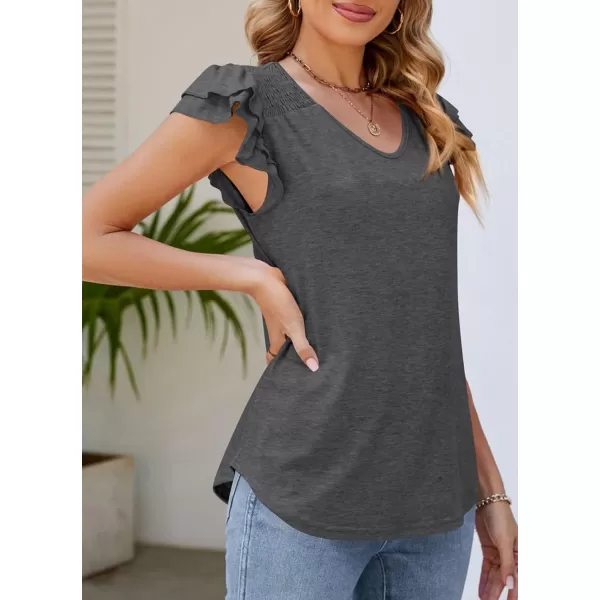 imagePRETTYGARDEN Womens 2024 Summer Basic Tops Casual Ruffle Short Sleeve V Neck T Shirts BlousesDark Grey