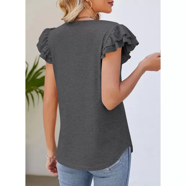 imagePRETTYGARDEN Womens 2024 Summer Basic Tops Casual Ruffle Short Sleeve V Neck T Shirts BlousesDark Grey