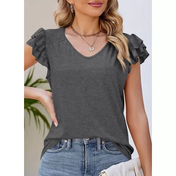 imagePRETTYGARDEN Womens 2024 Summer Basic Tops Casual Ruffle Short Sleeve V Neck T Shirts BlousesDark Grey