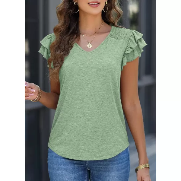 imagePRETTYGARDEN Womens 2024 Summer Basic Tops Casual Ruffle Short Sleeve V Neck T Shirts BlousesGreen
