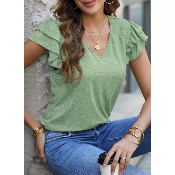 imagePRETTYGARDEN Womens 2024 Summer Basic Tops Casual Ruffle Short Sleeve V Neck T Shirts BlousesGreen