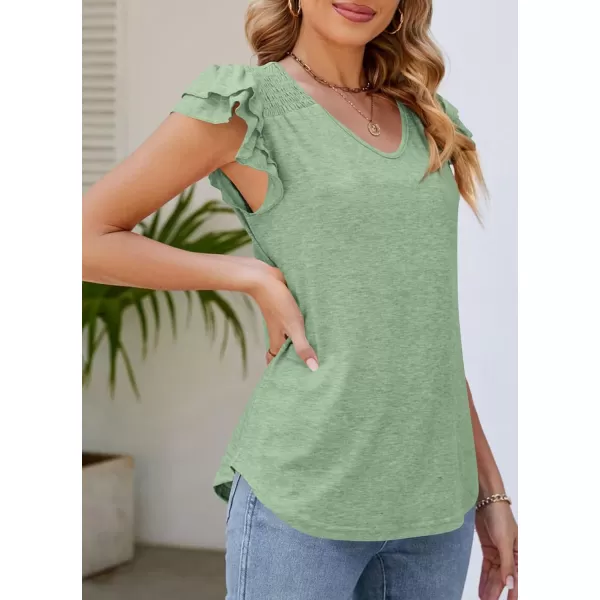 imagePRETTYGARDEN Womens 2024 Summer Basic Tops Casual Ruffle Short Sleeve V Neck T Shirts BlousesGreen
