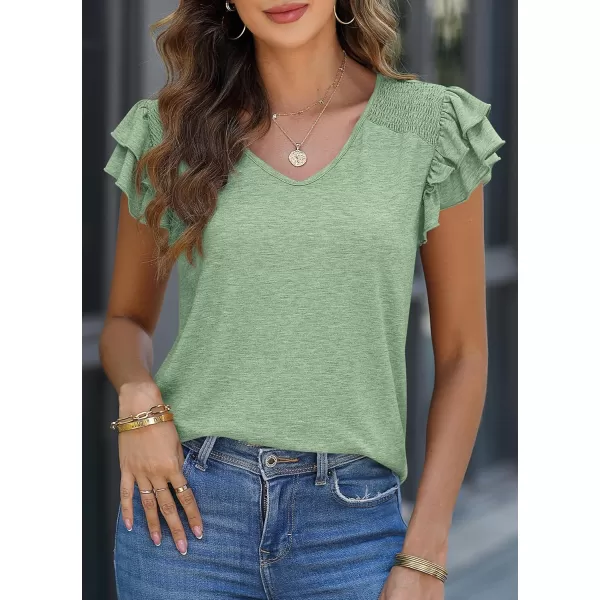 imagePRETTYGARDEN Womens 2024 Summer Basic Tops Casual Ruffle Short Sleeve V Neck T Shirts BlousesGreen