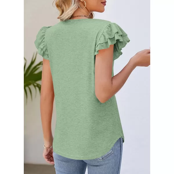 imagePRETTYGARDEN Womens 2024 Summer Basic Tops Casual Ruffle Short Sleeve V Neck T Shirts BlousesGreen