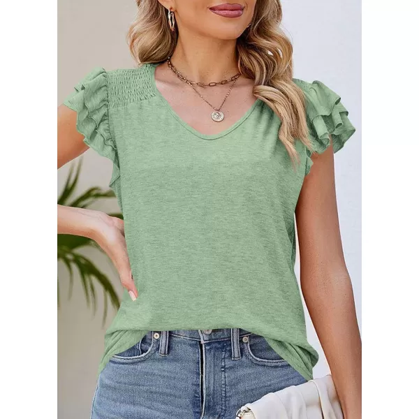 imagePRETTYGARDEN Womens 2024 Summer Basic Tops Casual Ruffle Short Sleeve V Neck T Shirts BlousesGreen