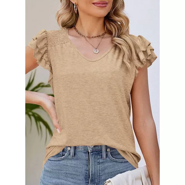 imagePRETTYGARDEN Womens 2024 Summer Basic Tops Casual Ruffle Short Sleeve V Neck T Shirts BlousesKhaki