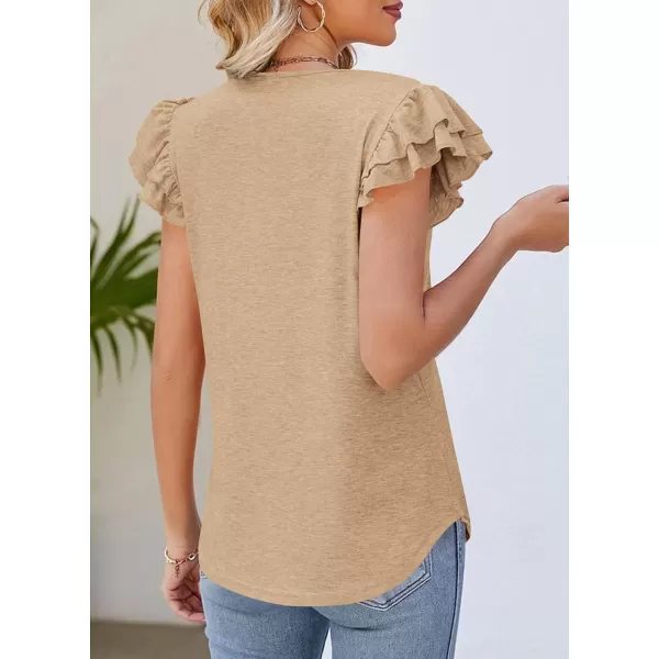 imagePRETTYGARDEN Womens 2024 Summer Basic Tops Casual Ruffle Short Sleeve V Neck T Shirts BlousesKhaki