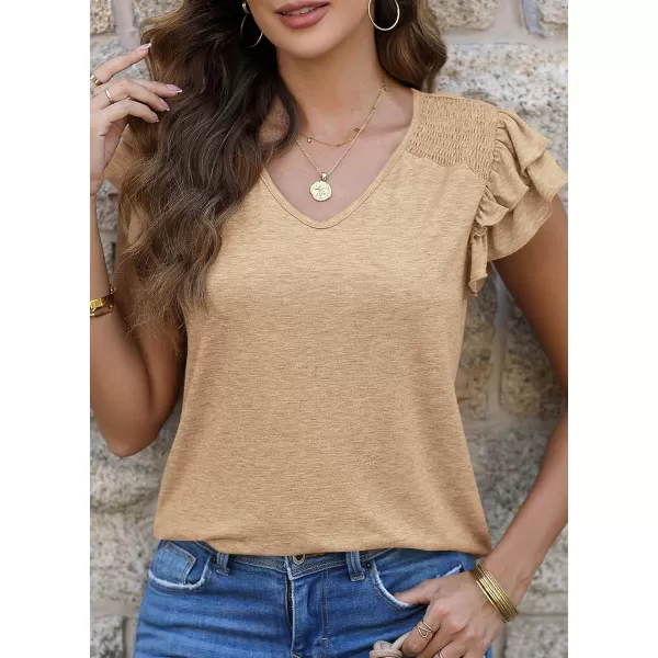 imagePRETTYGARDEN Womens 2024 Summer Basic Tops Casual Ruffle Short Sleeve V Neck T Shirts BlousesKhaki