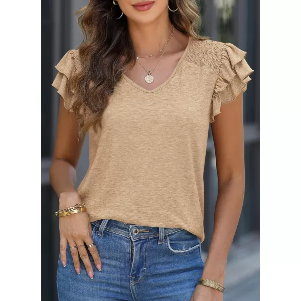 imagePRETTYGARDEN Womens 2024 Summer Basic Tops Casual Ruffle Short Sleeve V Neck T Shirts BlousesKhaki