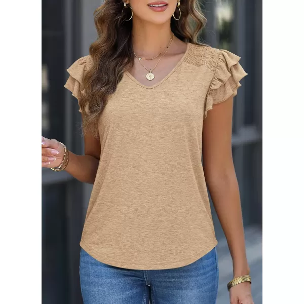 imagePRETTYGARDEN Womens 2024 Summer Basic Tops Casual Ruffle Short Sleeve V Neck T Shirts BlousesKhaki