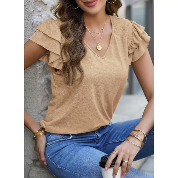 imagePRETTYGARDEN Womens 2024 Summer Basic Tops Casual Ruffle Short Sleeve V Neck T Shirts BlousesKhaki
