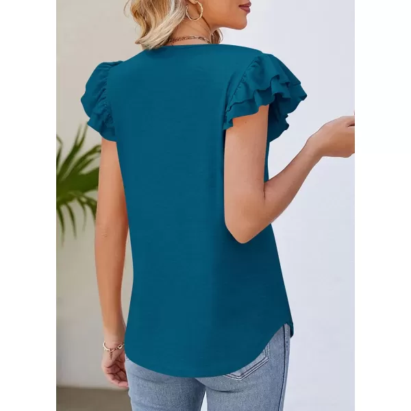 imagePRETTYGARDEN Womens 2024 Summer Basic Tops Casual Ruffle Short Sleeve V Neck T Shirts BlousesLake Blue
