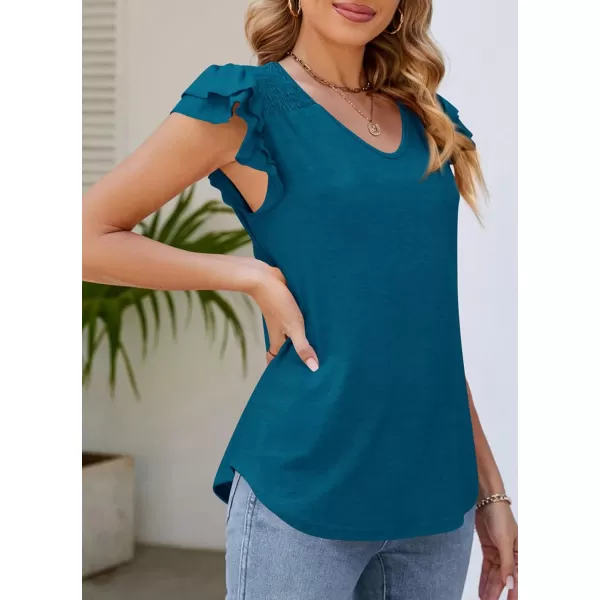 imagePRETTYGARDEN Womens 2024 Summer Basic Tops Casual Ruffle Short Sleeve V Neck T Shirts BlousesLake Blue