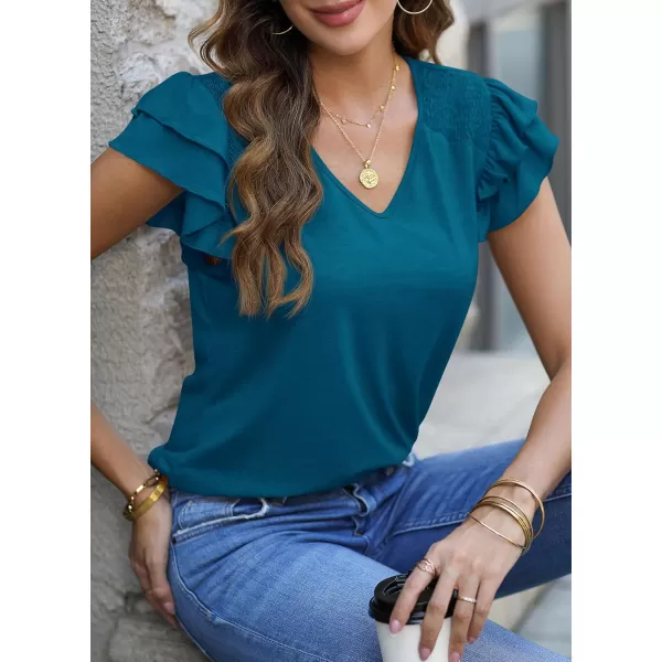 imagePRETTYGARDEN Womens 2024 Summer Basic Tops Casual Ruffle Short Sleeve V Neck T Shirts BlousesLake Blue