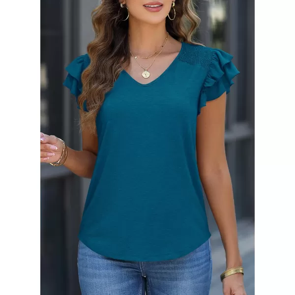 imagePRETTYGARDEN Womens 2024 Summer Basic Tops Casual Ruffle Short Sleeve V Neck T Shirts BlousesLake Blue