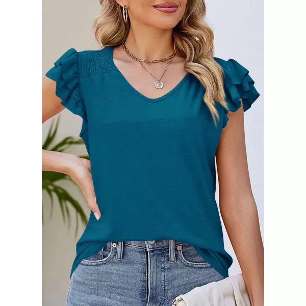 imagePRETTYGARDEN Womens 2024 Summer Basic Tops Casual Ruffle Short Sleeve V Neck T Shirts BlousesLake Blue