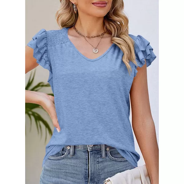 imagePRETTYGARDEN Womens 2024 Summer Basic Tops Casual Ruffle Short Sleeve V Neck T Shirts BlousesLight Blue