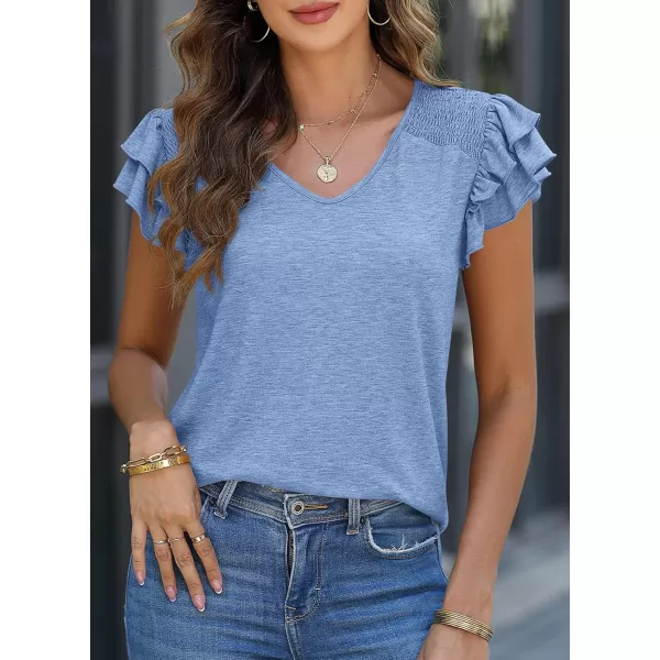 imagePRETTYGARDEN Womens 2024 Summer Basic Tops Casual Ruffle Short Sleeve V Neck T Shirts BlousesLight Blue