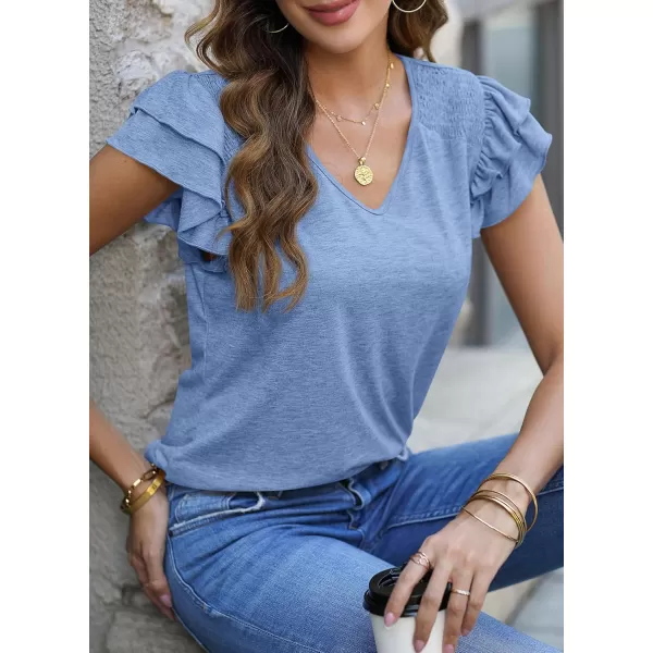 imagePRETTYGARDEN Womens 2024 Summer Basic Tops Casual Ruffle Short Sleeve V Neck T Shirts BlousesLight Blue