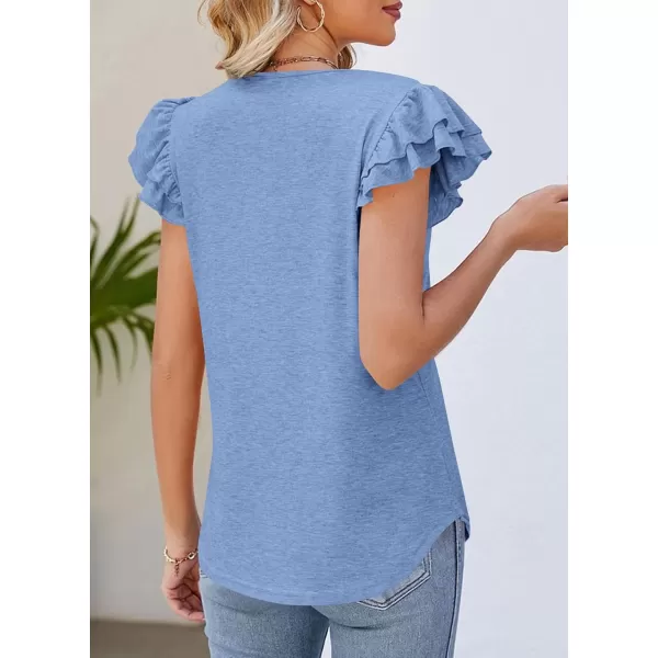 imagePRETTYGARDEN Womens 2024 Summer Basic Tops Casual Ruffle Short Sleeve V Neck T Shirts BlousesLight Blue