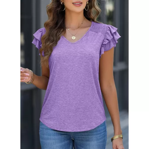 imagePRETTYGARDEN Womens 2024 Summer Basic Tops Casual Ruffle Short Sleeve V Neck T Shirts BlousesPurple