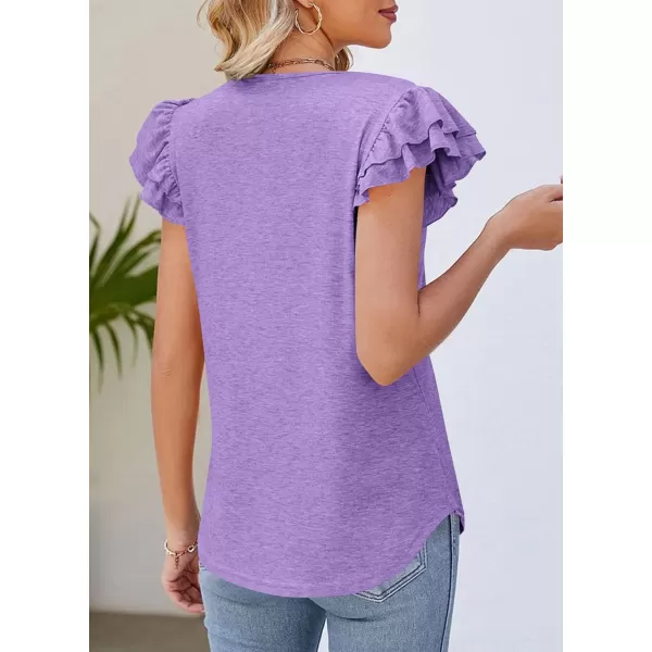 imagePRETTYGARDEN Womens 2024 Summer Basic Tops Casual Ruffle Short Sleeve V Neck T Shirts BlousesPurple