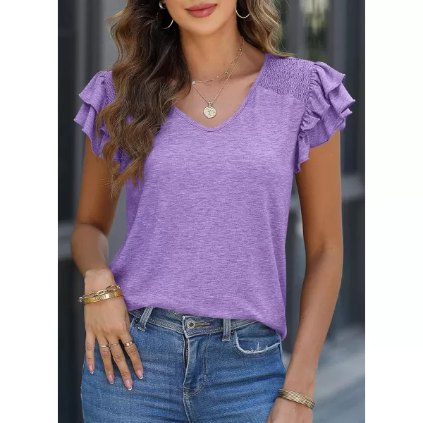 imagePRETTYGARDEN Womens 2024 Summer Basic Tops Casual Ruffle Short Sleeve V Neck T Shirts BlousesPurple