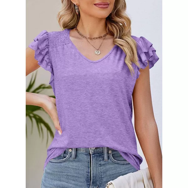 imagePRETTYGARDEN Womens 2024 Summer Basic Tops Casual Ruffle Short Sleeve V Neck T Shirts BlousesPurple