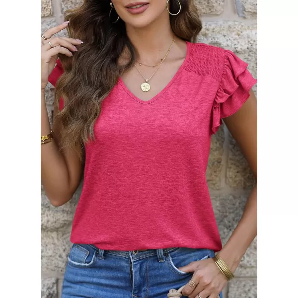 imagePRETTYGARDEN Womens 2024 Summer Basic Tops Casual Ruffle Short Sleeve V Neck T Shirts BlousesRose Red