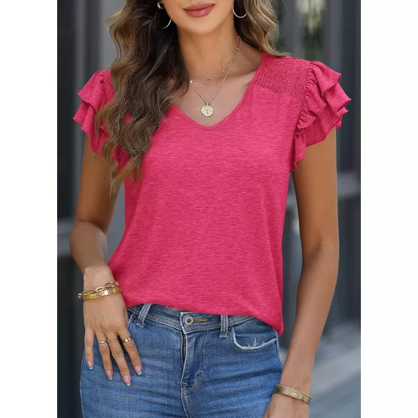 imagePRETTYGARDEN Womens 2024 Summer Basic Tops Casual Ruffle Short Sleeve V Neck T Shirts BlousesRose Red