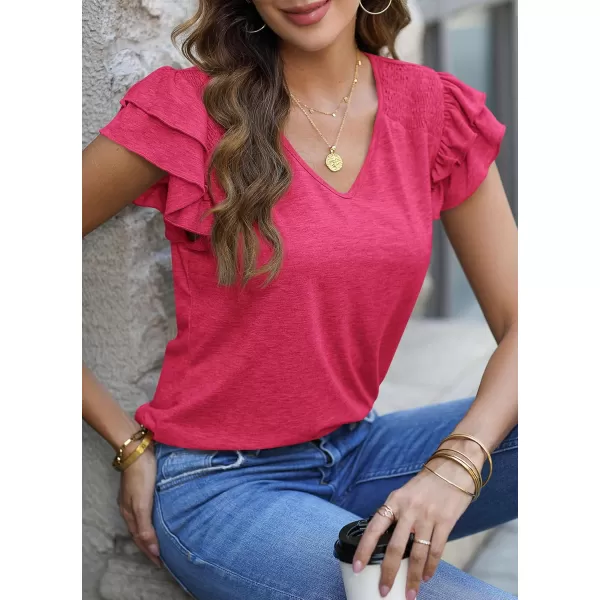 imagePRETTYGARDEN Womens 2024 Summer Basic Tops Casual Ruffle Short Sleeve V Neck T Shirts BlousesRose Red
