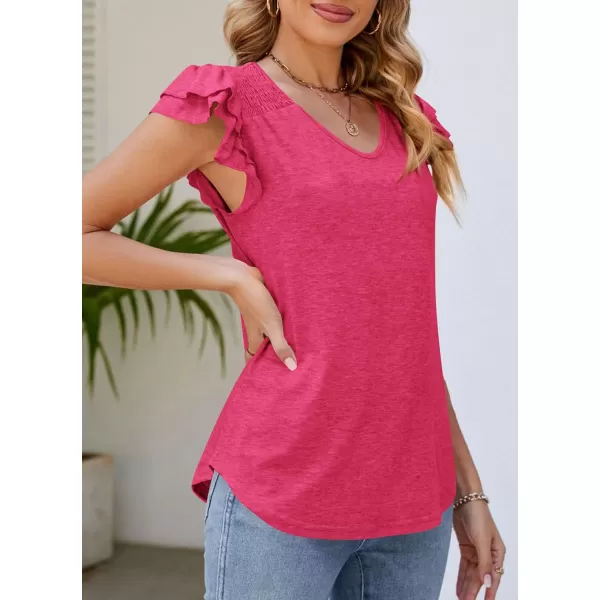 imagePRETTYGARDEN Womens 2024 Summer Basic Tops Casual Ruffle Short Sleeve V Neck T Shirts BlousesRose Red