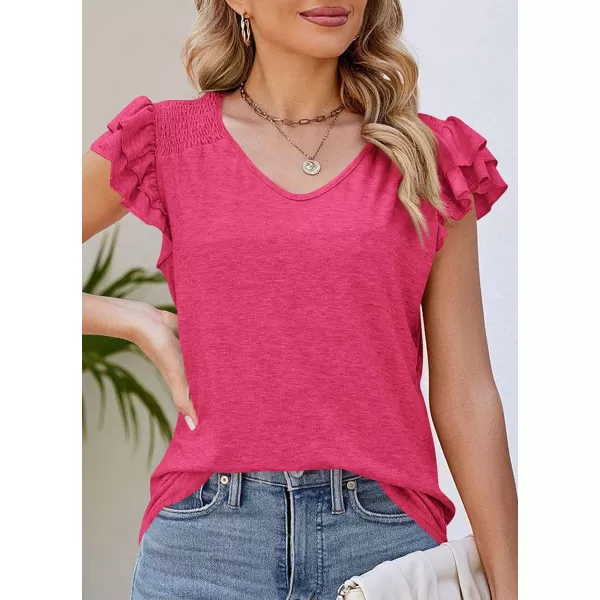 imagePRETTYGARDEN Womens 2024 Summer Basic Tops Casual Ruffle Short Sleeve V Neck T Shirts BlousesRose Red
