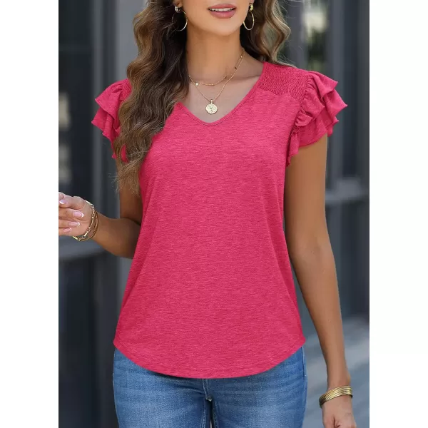 imagePRETTYGARDEN Womens 2024 Summer Basic Tops Casual Ruffle Short Sleeve V Neck T Shirts BlousesRose Red