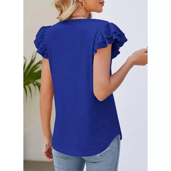 imagePRETTYGARDEN Womens 2024 Summer Basic Tops Casual Ruffle Short Sleeve V Neck T Shirts BlousesRoyal Blue