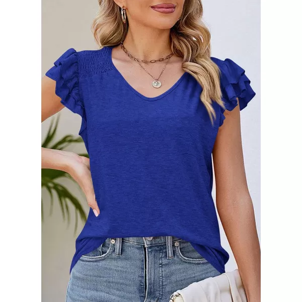 imagePRETTYGARDEN Womens 2024 Summer Basic Tops Casual Ruffle Short Sleeve V Neck T Shirts BlousesRoyal Blue