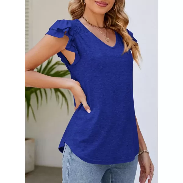 imagePRETTYGARDEN Womens 2024 Summer Basic Tops Casual Ruffle Short Sleeve V Neck T Shirts BlousesRoyal Blue