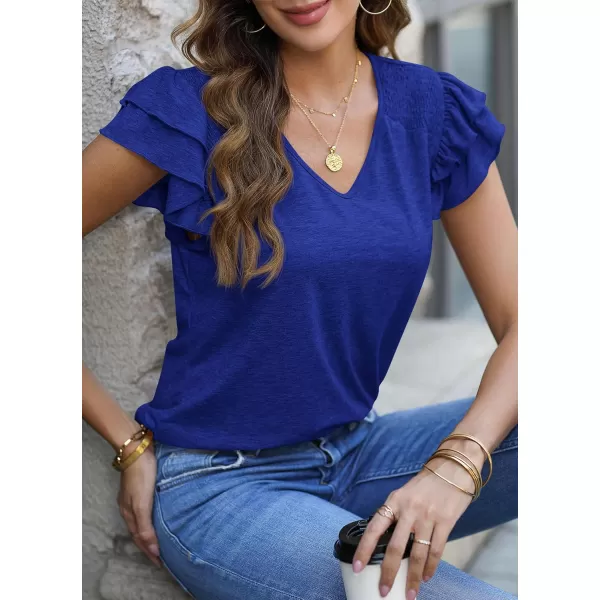 imagePRETTYGARDEN Womens 2024 Summer Basic Tops Casual Ruffle Short Sleeve V Neck T Shirts BlousesRoyal Blue