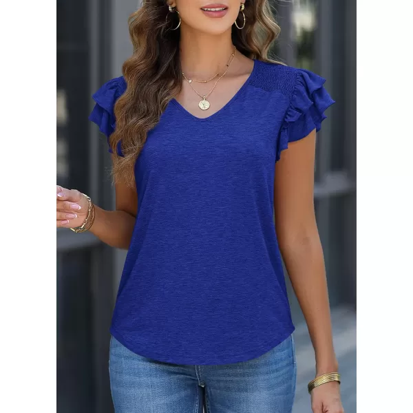 imagePRETTYGARDEN Womens 2024 Summer Basic Tops Casual Ruffle Short Sleeve V Neck T Shirts BlousesRoyal Blue