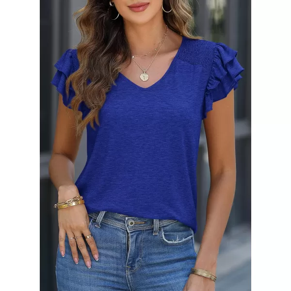 imagePRETTYGARDEN Womens 2024 Summer Basic Tops Casual Ruffle Short Sleeve V Neck T Shirts BlousesRoyal Blue