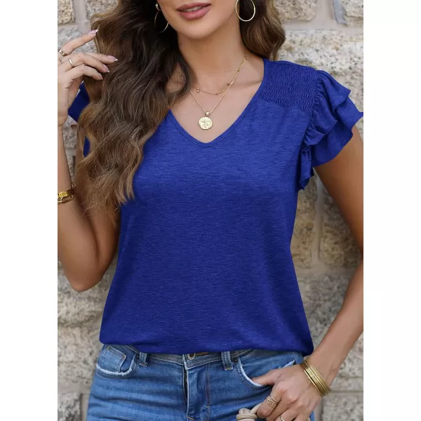 imagePRETTYGARDEN Womens 2024 Summer Basic Tops Casual Ruffle Short Sleeve V Neck T Shirts BlousesRoyal Blue