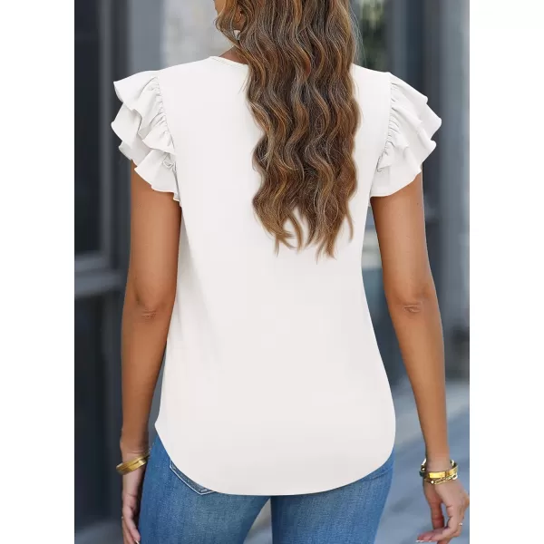 imagePRETTYGARDEN Womens 2024 Summer Basic Tops Casual Ruffle Short Sleeve V Neck T Shirts BlousesWhite