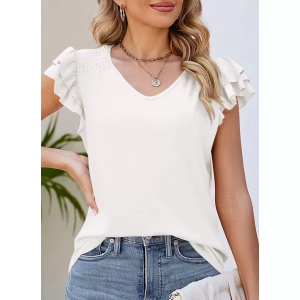 imagePRETTYGARDEN Womens 2024 Summer Basic Tops Casual Ruffle Short Sleeve V Neck T Shirts BlousesWhite