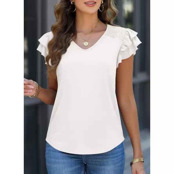 imagePRETTYGARDEN Womens 2024 Summer Basic Tops Casual Ruffle Short Sleeve V Neck T Shirts BlousesWhite