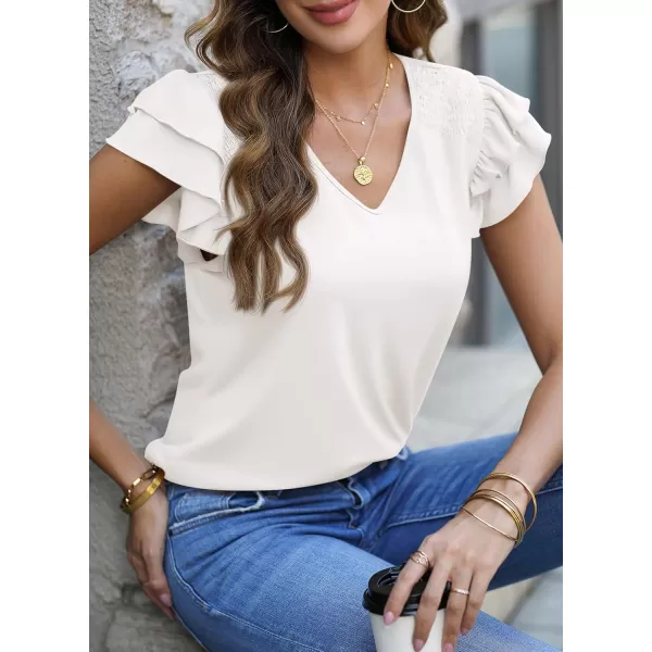 imagePRETTYGARDEN Womens 2024 Summer Basic Tops Casual Ruffle Short Sleeve V Neck T Shirts BlousesWhite