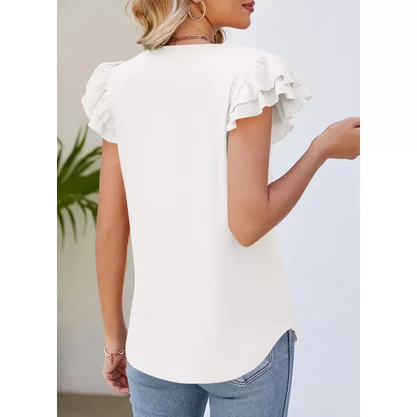 imagePRETTYGARDEN Womens 2024 Summer Basic Tops Casual Ruffle Short Sleeve V Neck T Shirts BlousesWhite